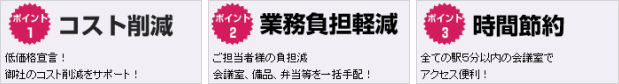 ポイント１ コスト削減　低価格宣言！御社のコスト削減をサポート！　ポイント２ 業務負担軽減 ご担当者様の負担減 会議室、備品、弁当等を一括手配！ ポイント３ 時間節約 全ての駅５分以内の会議室でアクセス便利！